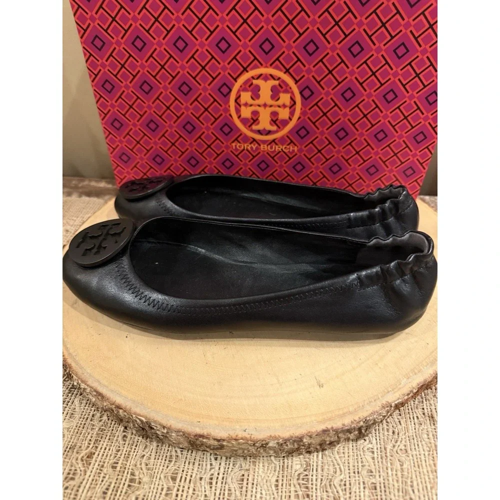 Tory Burch Minnie Travel Ballet Women's Pebble Leather‎ Perfect Black Sz-9
